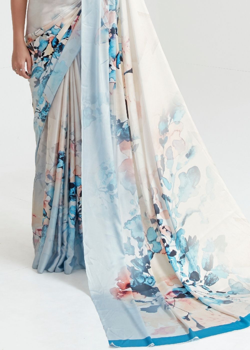 Pearl White & Blue Satin Silk Digital Printed Saree