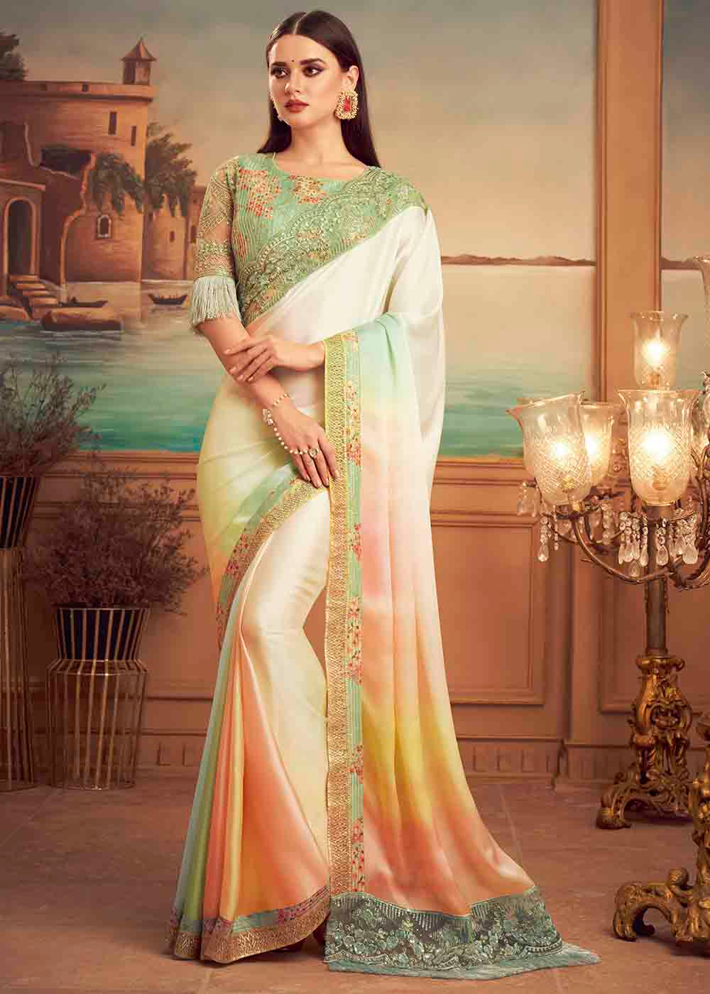Multicolored Designer Embroidered Satin Silk Saree with Sequence work