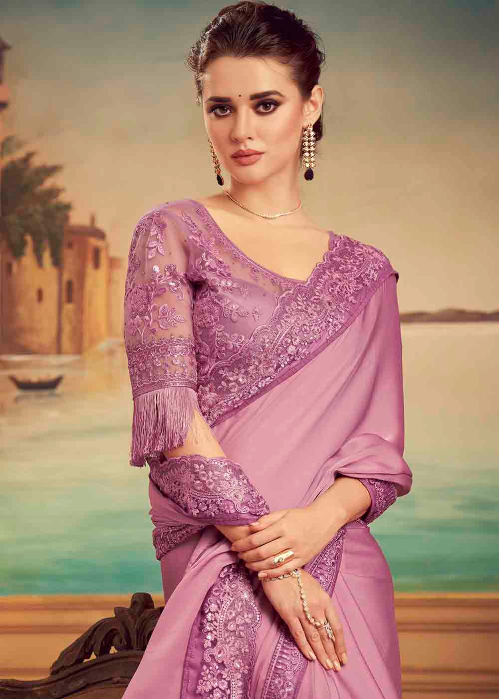 Lilac Purple Designer Embroidered Satin Silk Saree with Sequence work