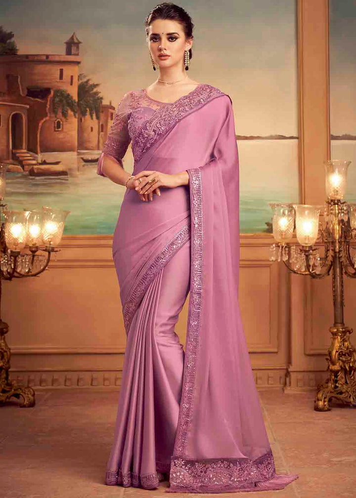 Lilac Purple Designer Embroidered Satin Silk Saree with Sequence work