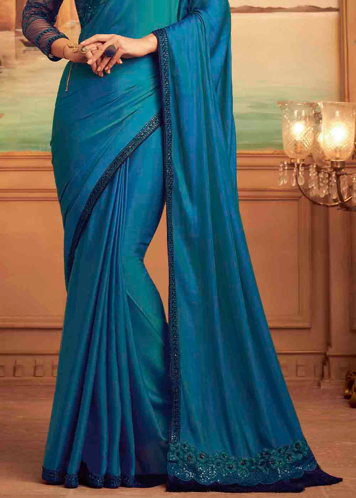 Shades Of Blue Designer Embroidered Satin Silk Saree with Sequence work