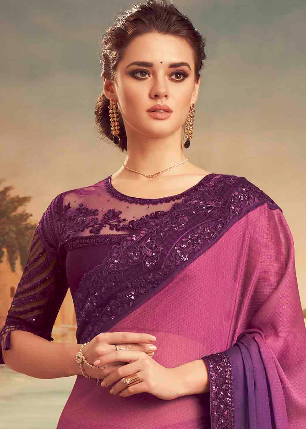 Pink & Purple Designer Embroidered Satin Silk Saree with Sequence work