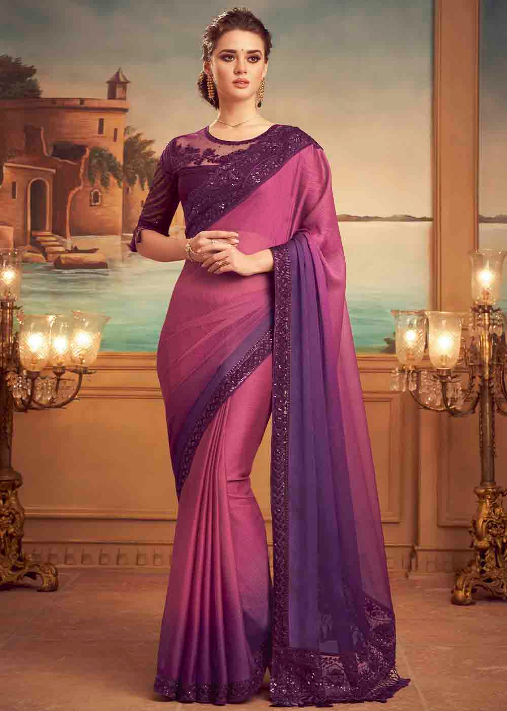 Pink & Purple Designer Embroidered Satin Silk Saree with Sequence work