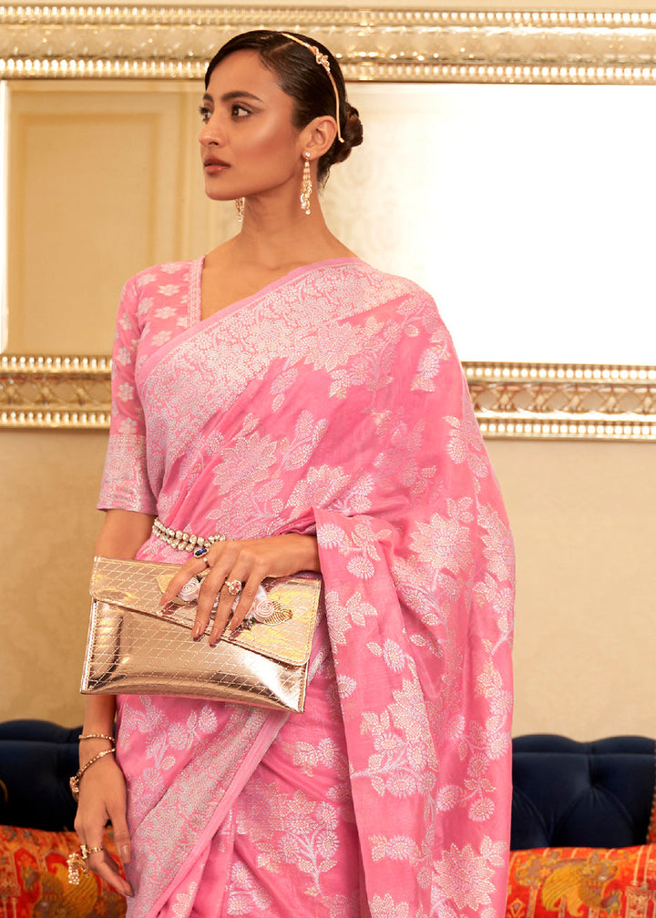 Flamingo Pink Chikankari Weaving Banarasi Cotton Silk Saree