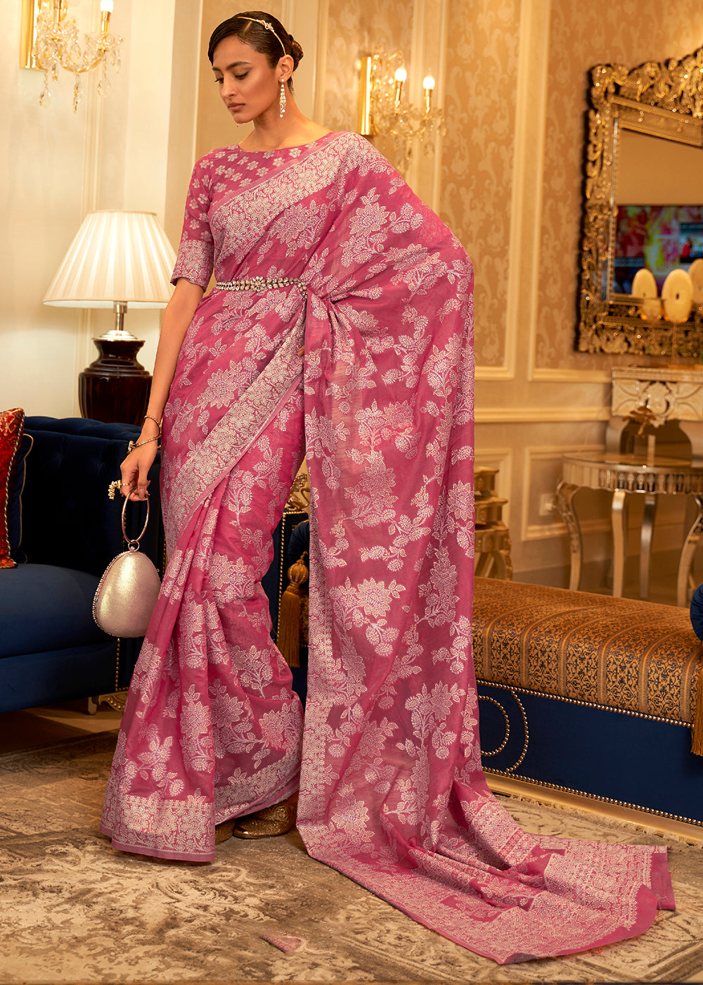 Azalea Pink Chikankari Weaving Banarasi Cotton Silk Saree