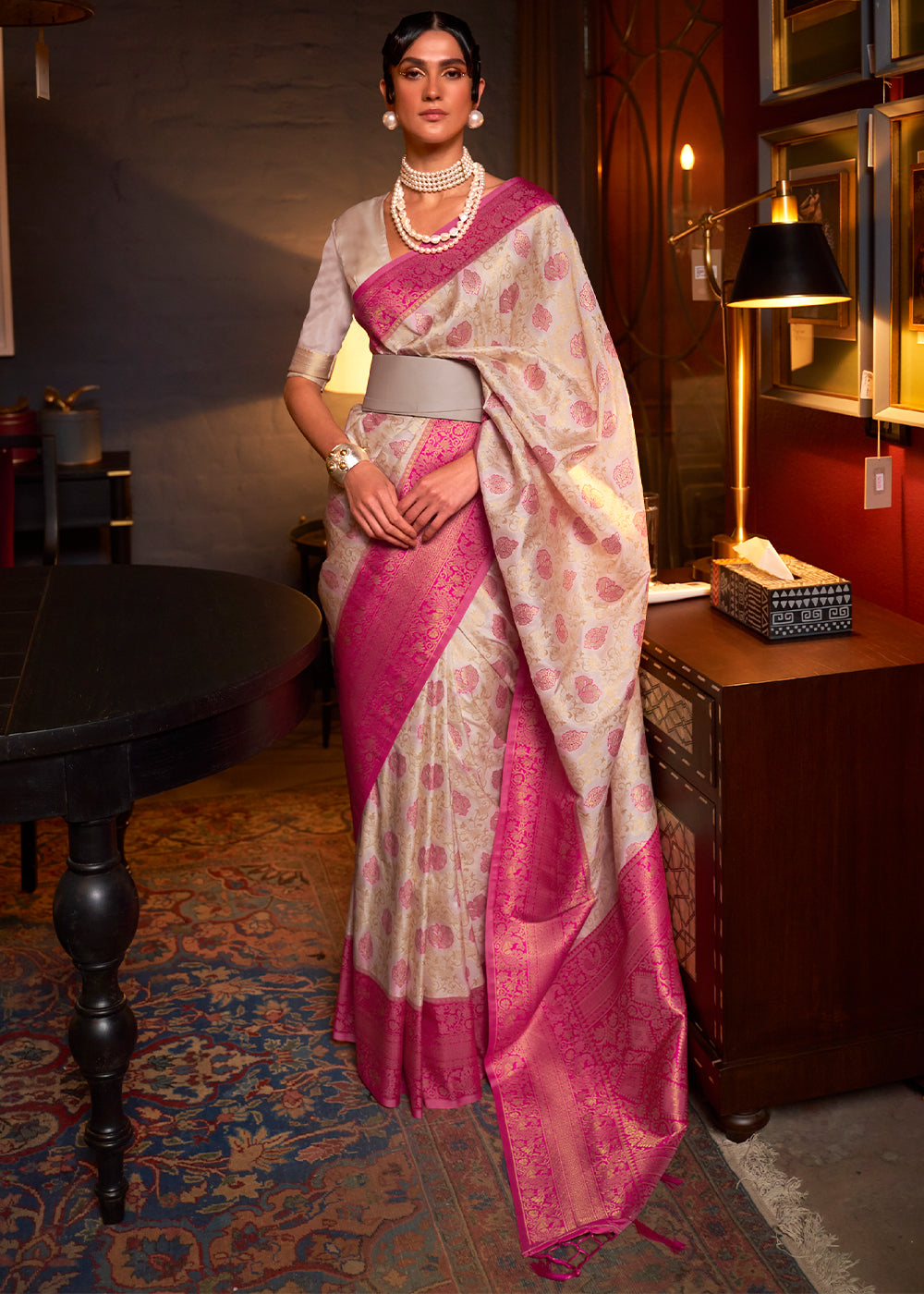 White & Pink Zari Woven Soft Silk Saree