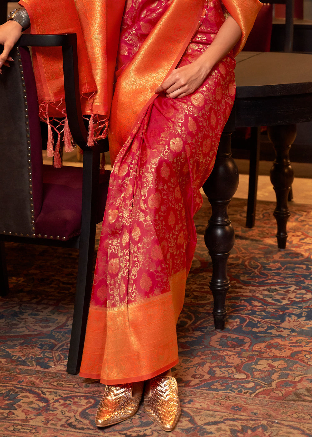 Red & Orange Zari Woven Soft Silk Saree