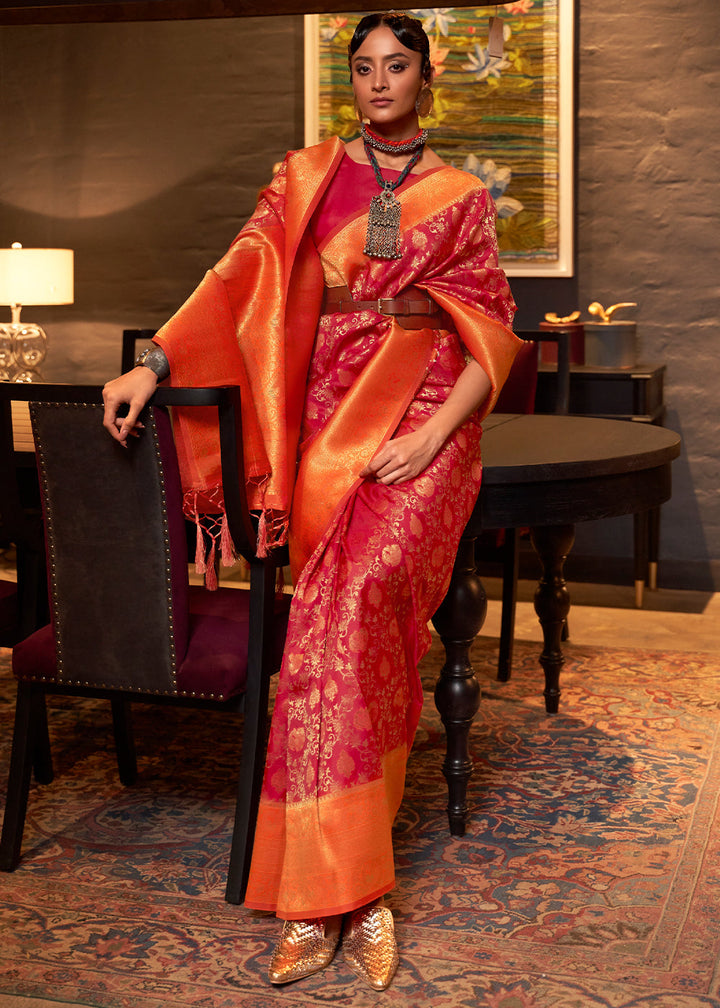 Red & Orange Zari Woven Soft Silk Saree