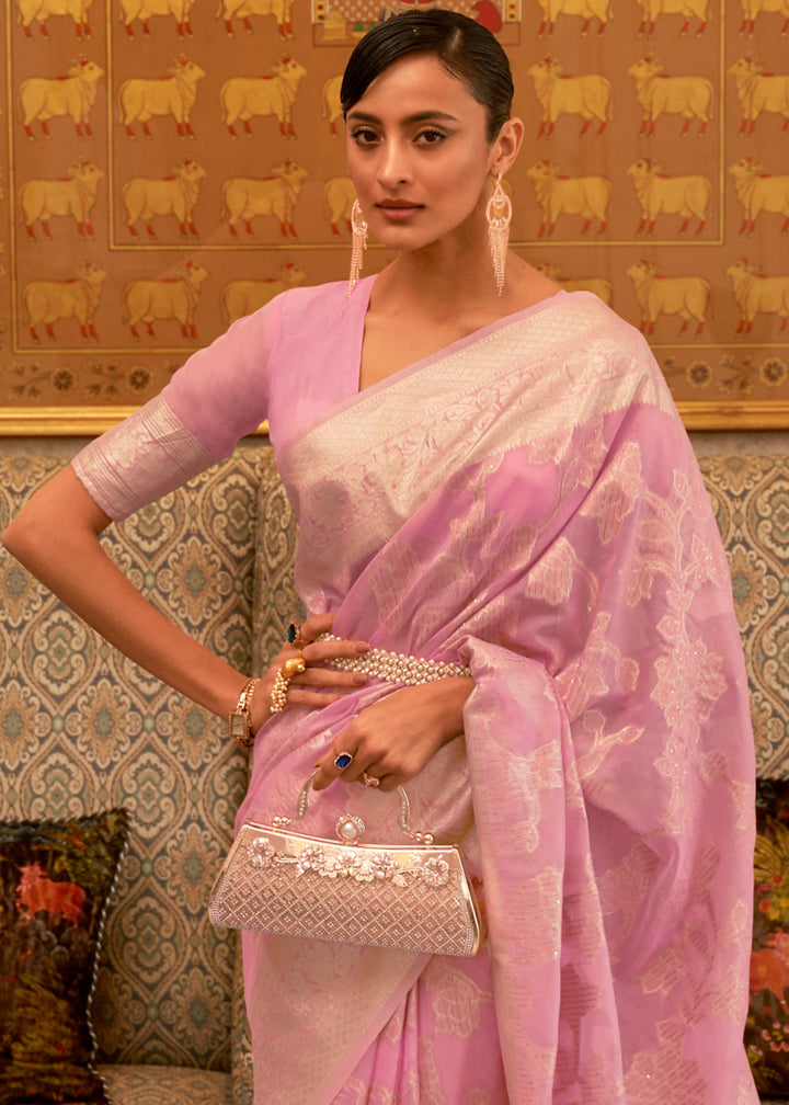 Vivid Pink Handloom Woven Silk Saree with Sequins work
