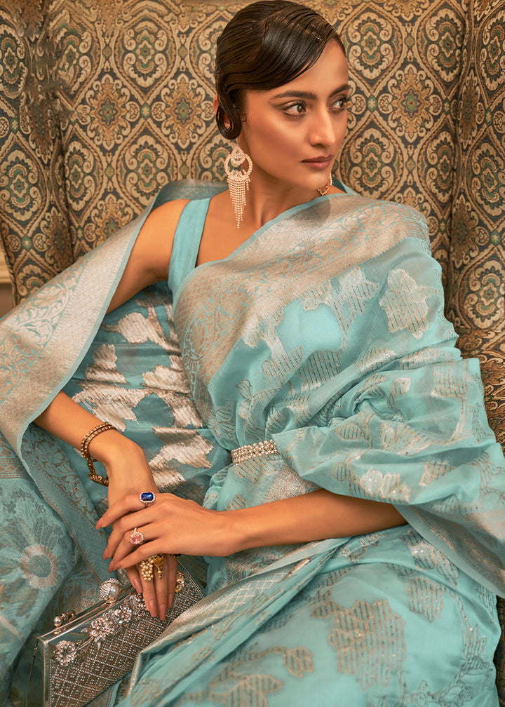 Arctic Blue Handloom Woven Silk Saree with Sequins work