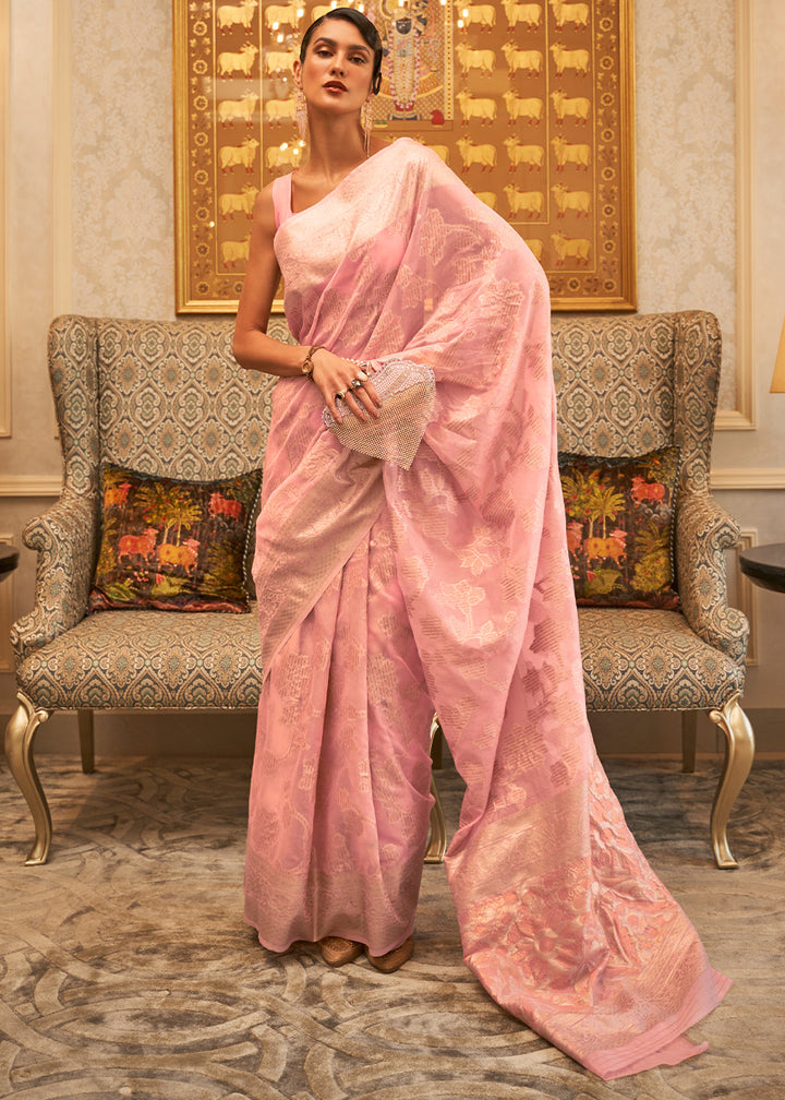 Flamingo Pink Handloom Woven Silk Saree with Sequins work