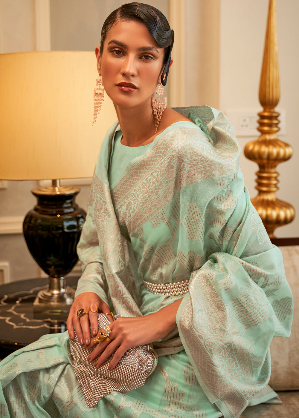Mint Green Handloom Woven Silk Saree with Sequins work