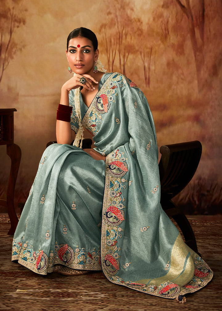 Columbia Blue Woven Banarasi Silk Saree with Sequin,Stone,Zardosi,Khatli & Pearl work
