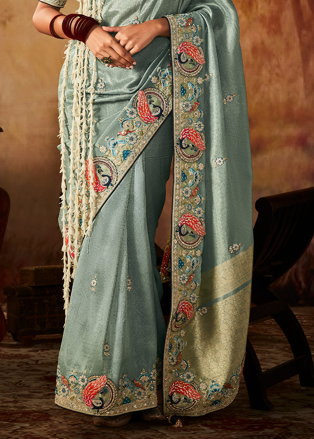 Columbia Blue Woven Banarasi Silk Saree with Sequin,Stone,Zardosi,Khatli & Pearl work