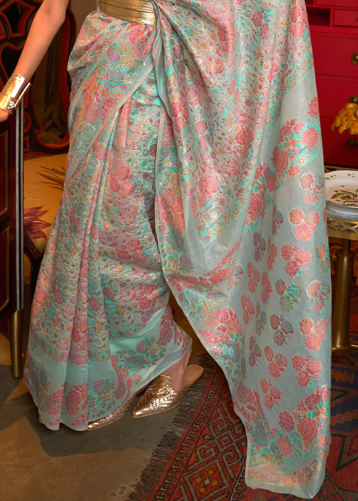 Powder Blue Kashmiri Handloom Weaving Silk Saree
