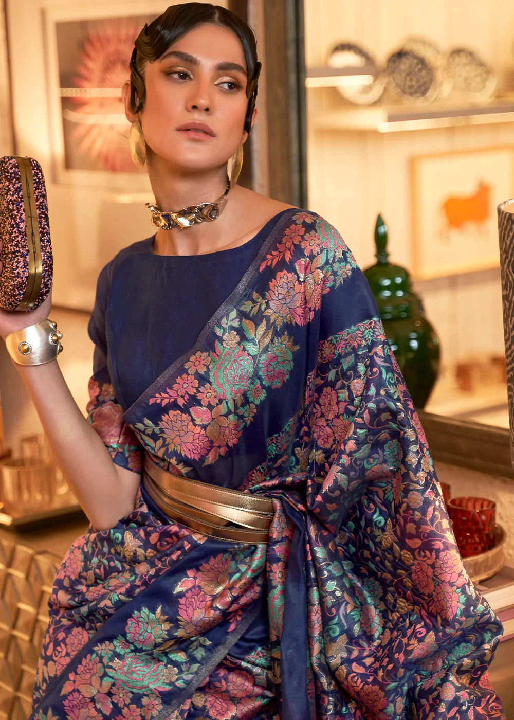 Berry Blue Kashmiri Handloom Weaving Silk Saree