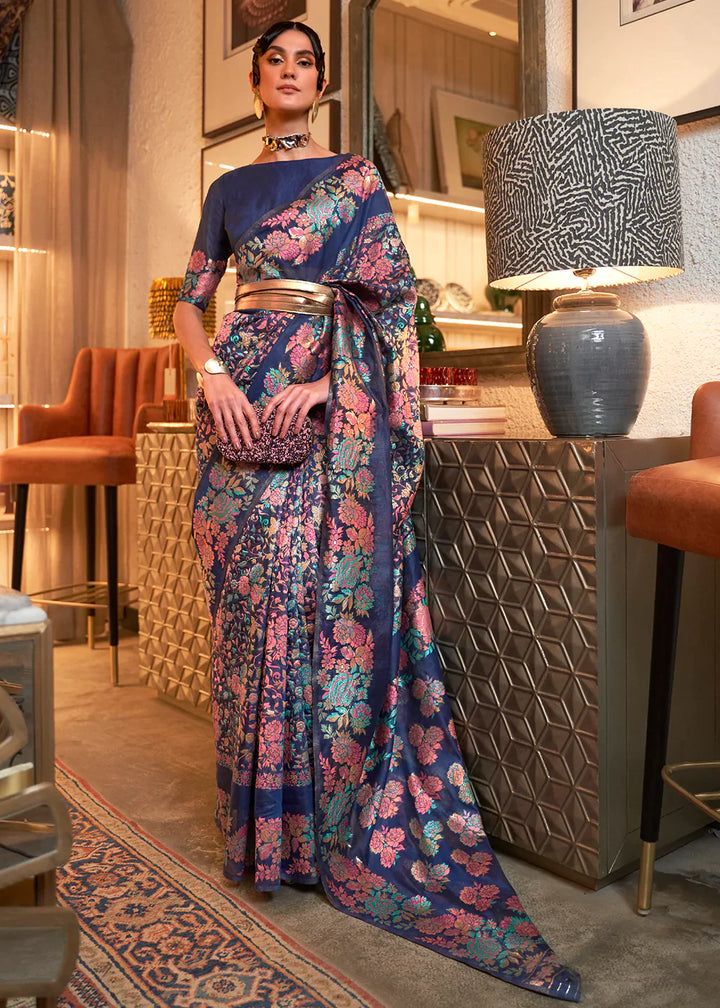 Berry Blue Kashmiri Handloom Weaving Silk Saree