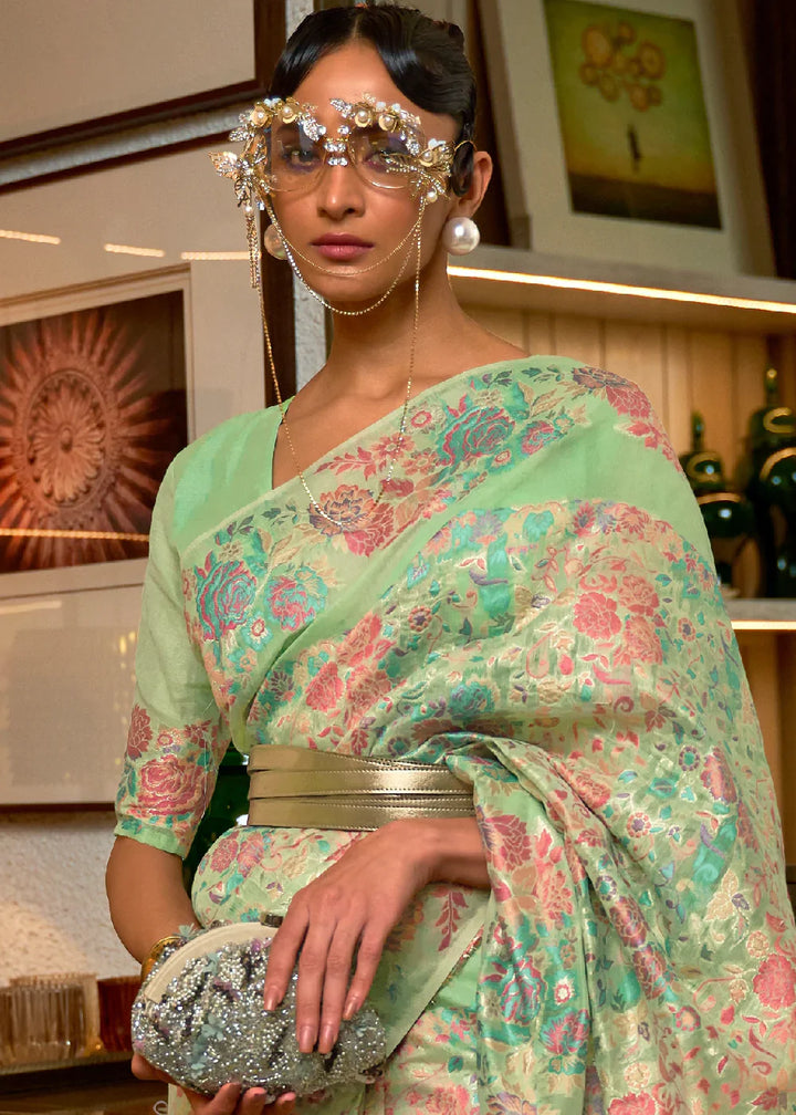 Pastel Green Kashmiri Handloom Weaving Silk Saree