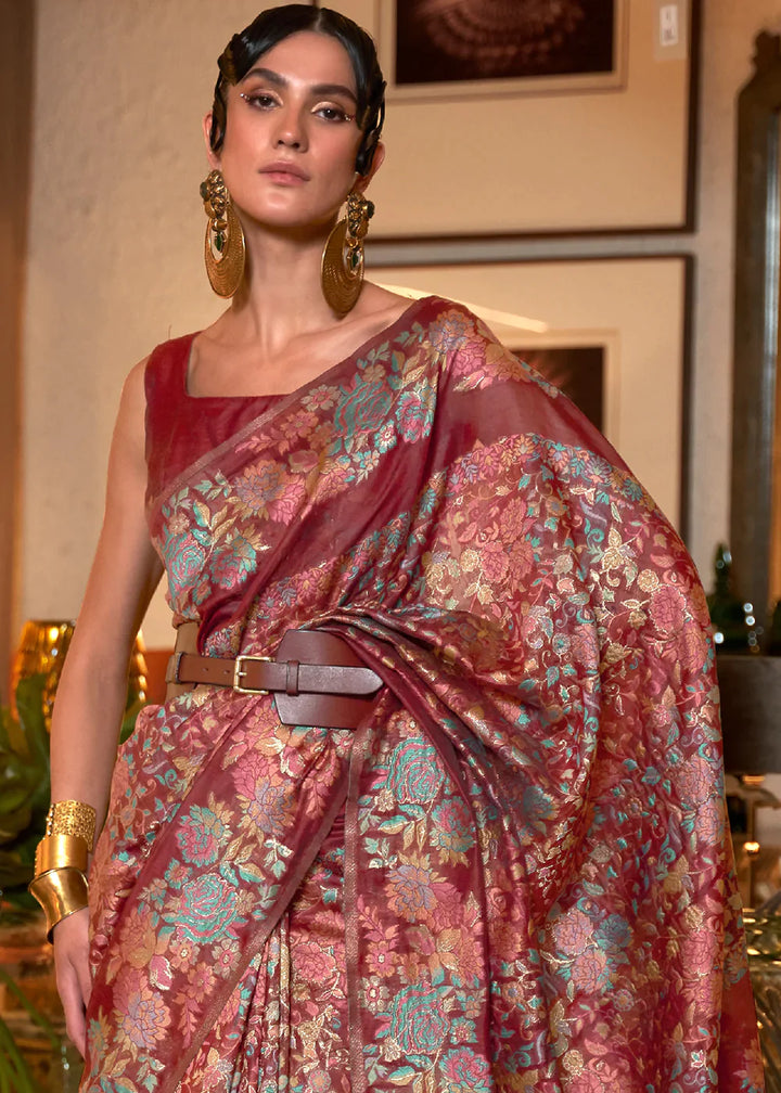 Ruby Red Kashmiri Handloom Weaving Silk Saree