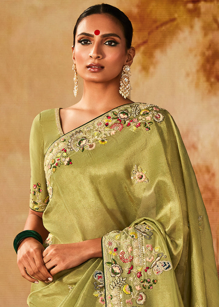 Light Avocado Green Woven Banarasi Silk Saree with Sequin,Stone,Zardosi,Khatli & Pearl work