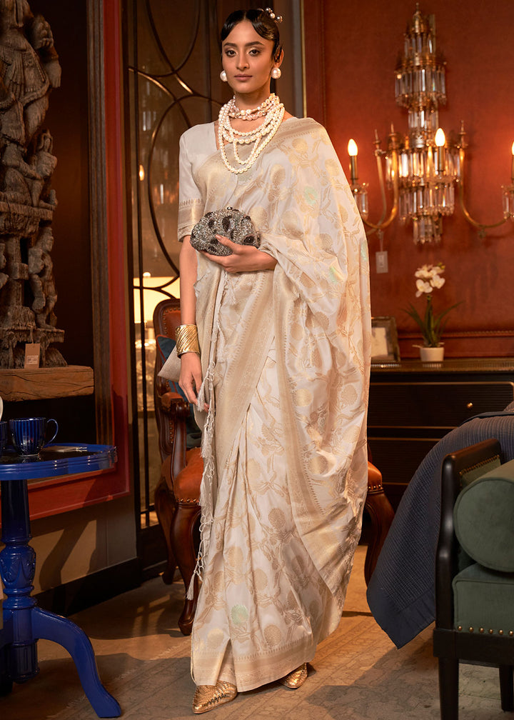Ivory White Woven Banarasi Silk Saree with Tassels on Pallu: Top Pick