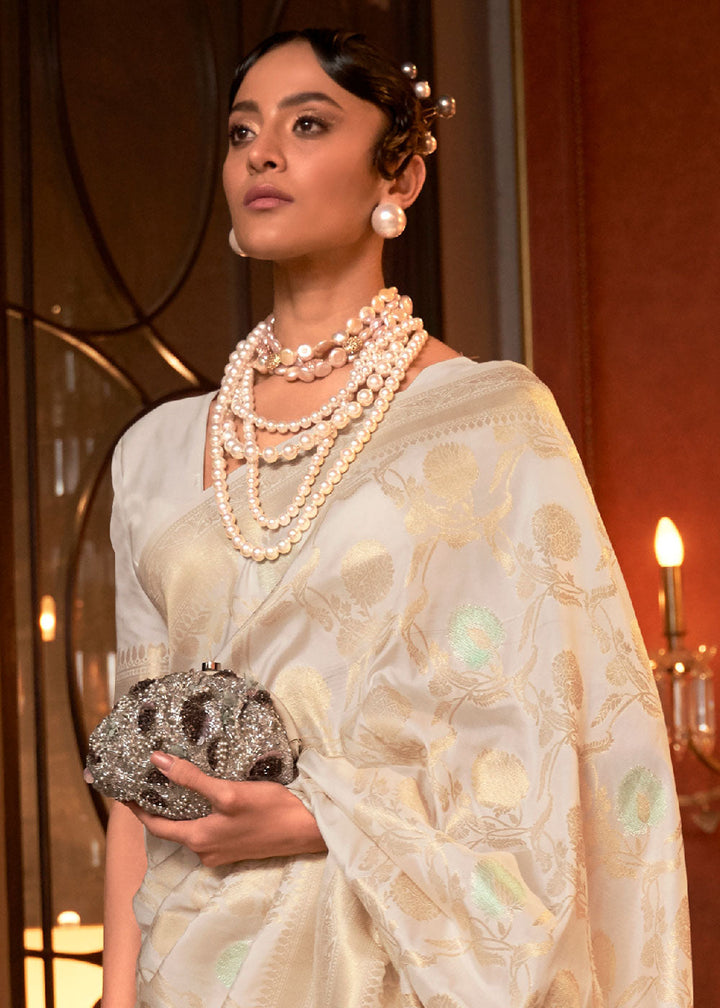Ivory White Woven Banarasi Silk Saree with Tassels on Pallu: Top Pick