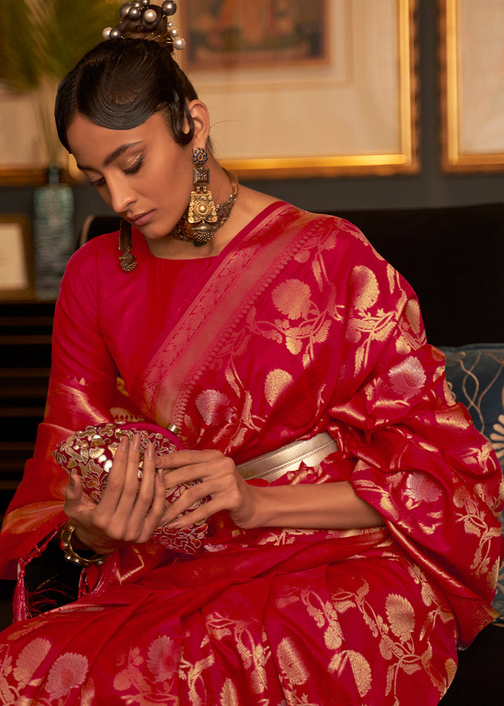 Bridal Red Woven Banarasi Silk Saree with Tassels on Pallu
