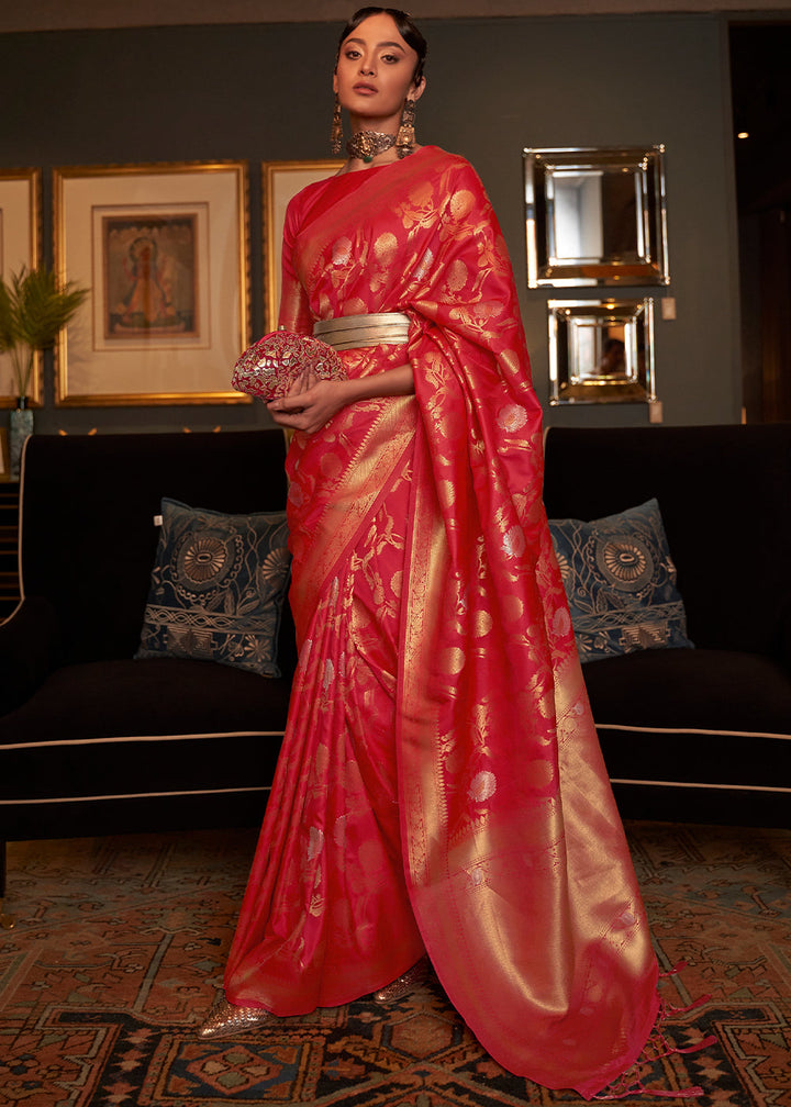 Bridal Red Woven Banarasi Silk Saree with Tassels on Pallu