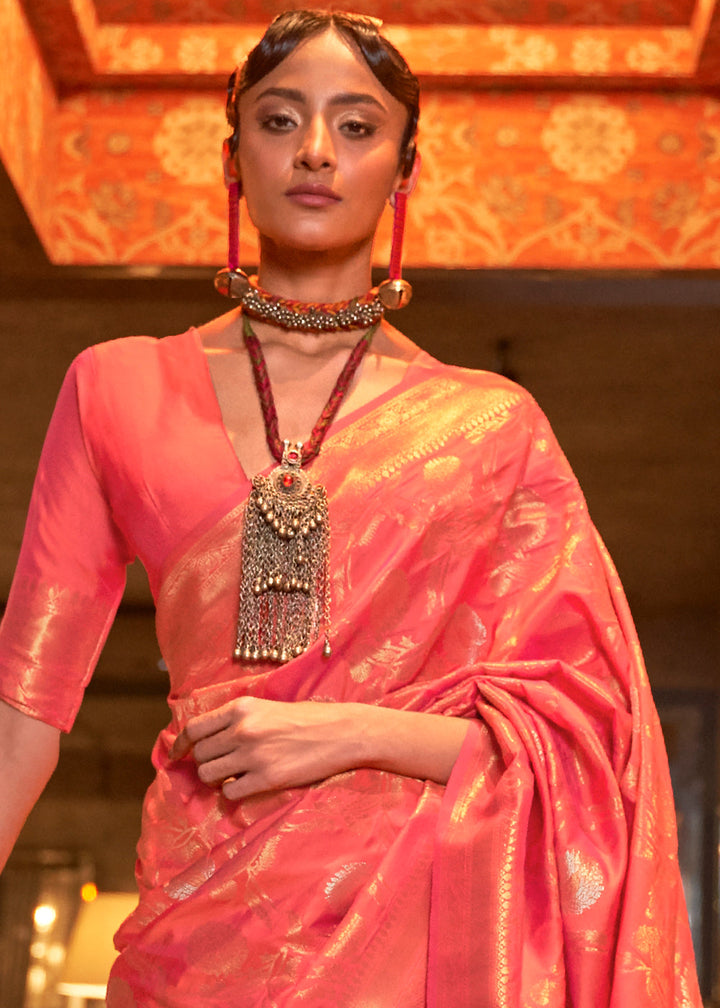Brink Pink Woven Banarasi Silk Saree with Tassels on Pallu