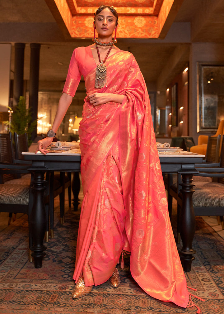 Brink Pink Woven Banarasi Silk Saree with Tassels on Pallu