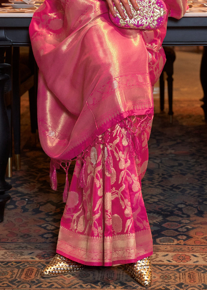 Hot Pink Woven Banarasi Silk Saree with Tassels on Pallu