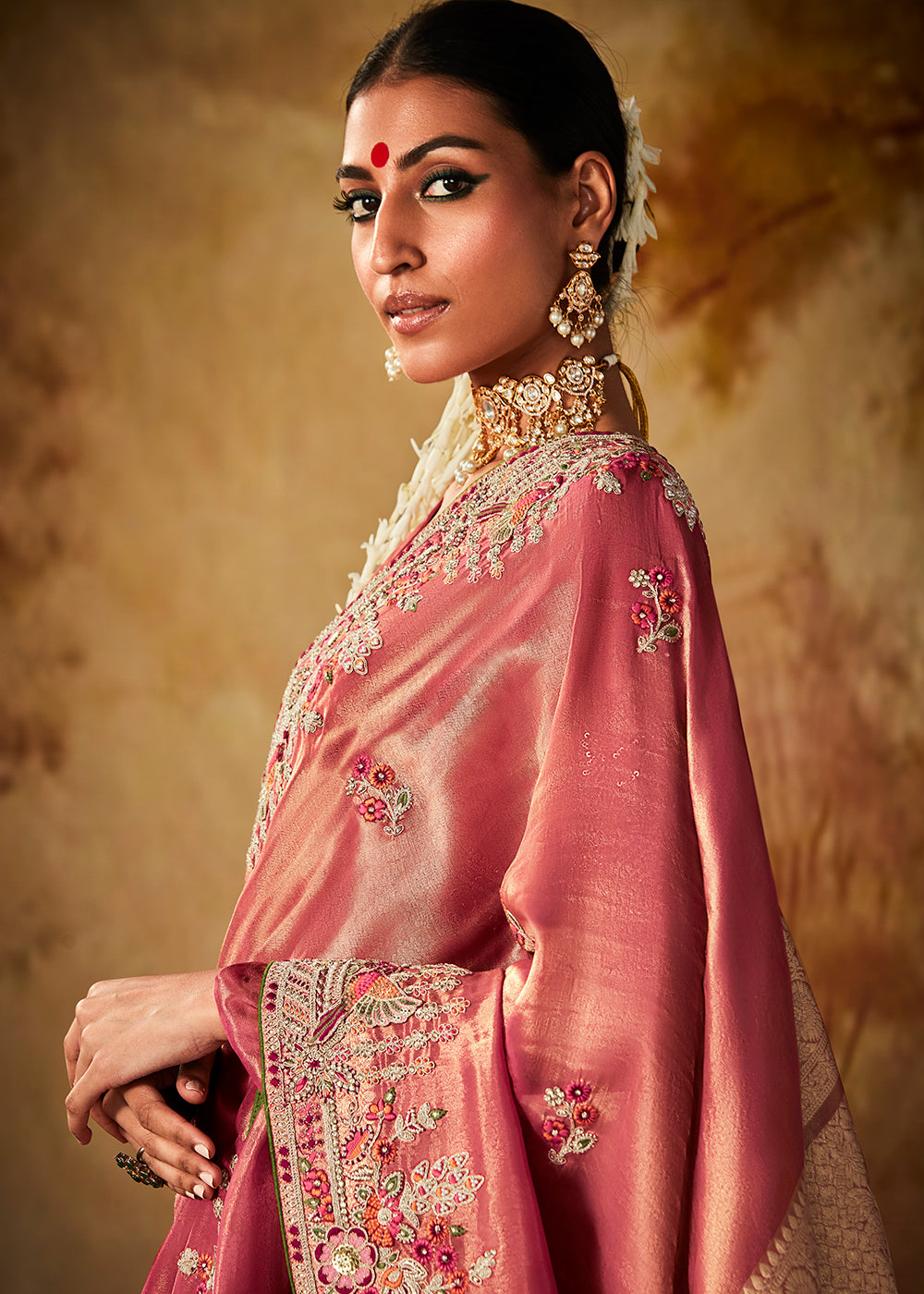 Rouge Pink Woven Banarasi Silk Saree with Sequin,Stone,Zardosi,Khatli & Pearl work