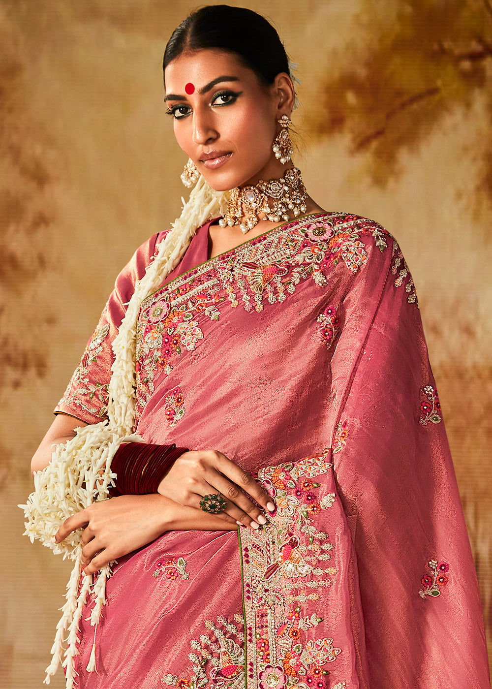 Rouge Pink Woven Banarasi Silk Saree with Sequin,Stone,Zardosi,Khatli & Pearl work
