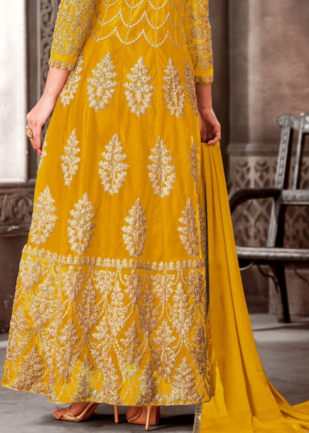 Honey Yellow Designer Net Anarkali Suit with Full Thread Embroidery Work