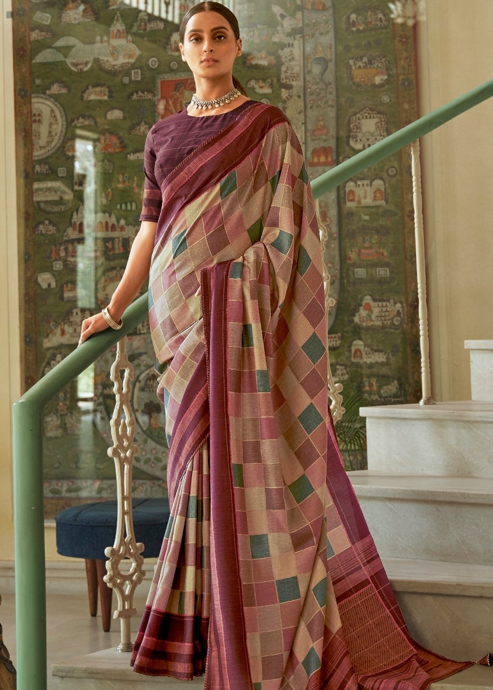 Shades Of Brown Designer Checkered Silk Saree