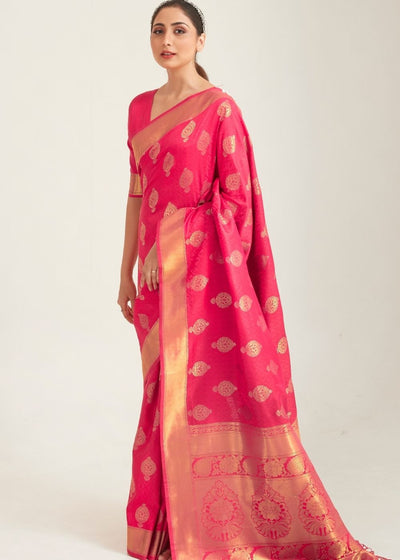 French Rose Pink Zari Butta Woven Banasari Silk Saree