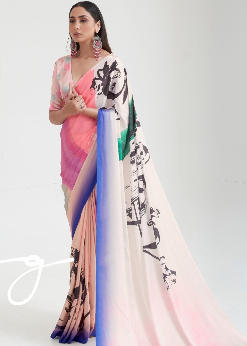 Baby Pink Satin Silk Digital Printed Saree