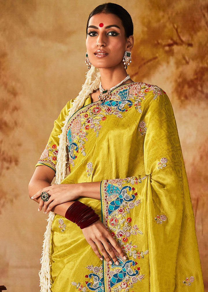 Canary Yellow Woven Banarasi Silk Saree with Sequin,Stone,Zardosi,Khatli & Pearl work