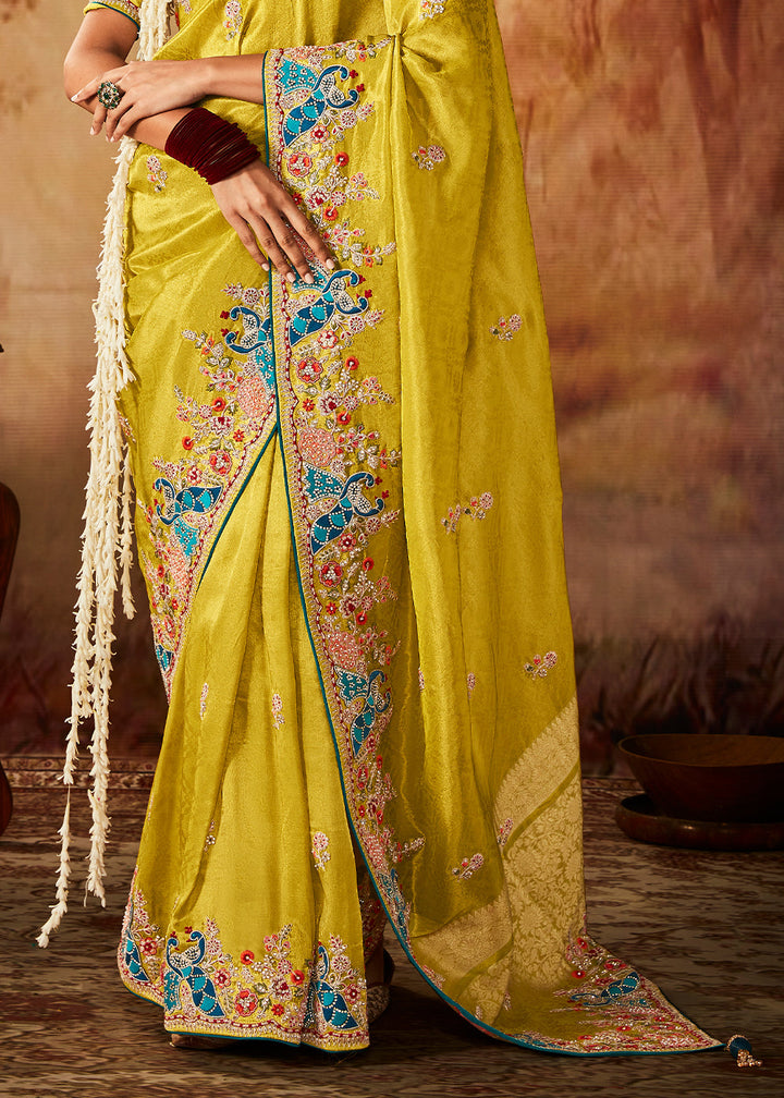 Canary Yellow Woven Banarasi Silk Saree with Sequin,Stone,Zardosi,Khatli & Pearl work