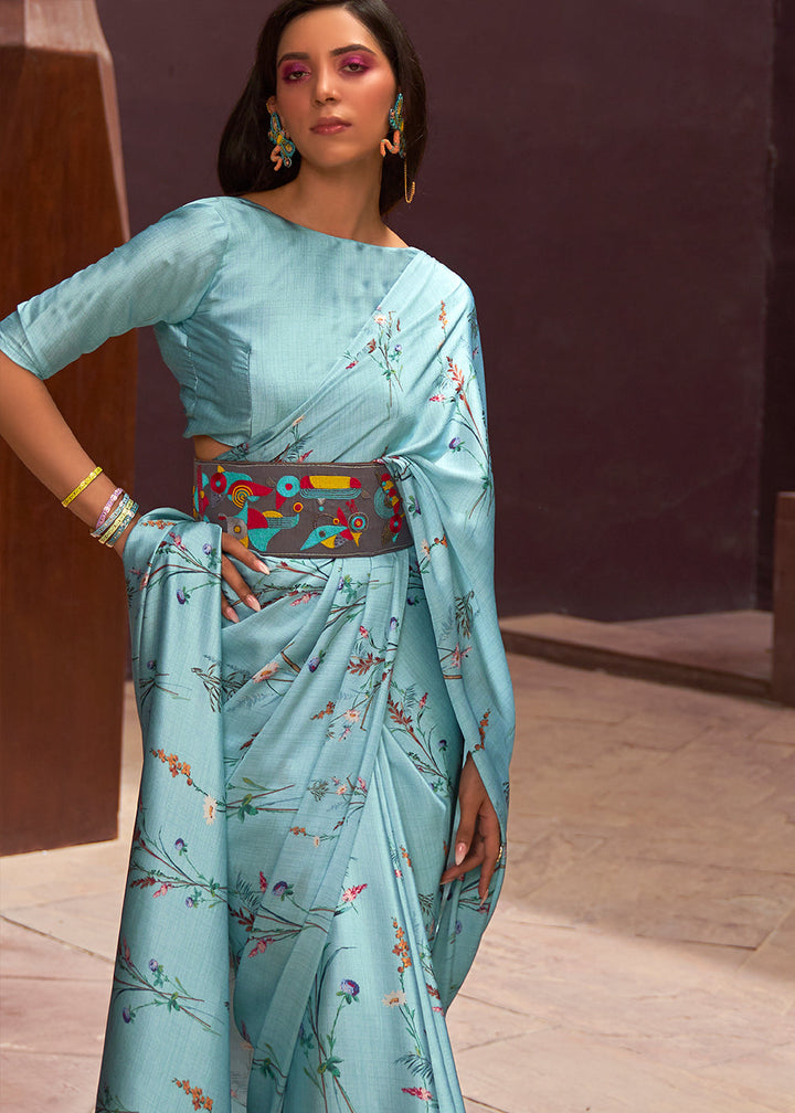 Frost Blue Floral Printed Satin Crepe Saree