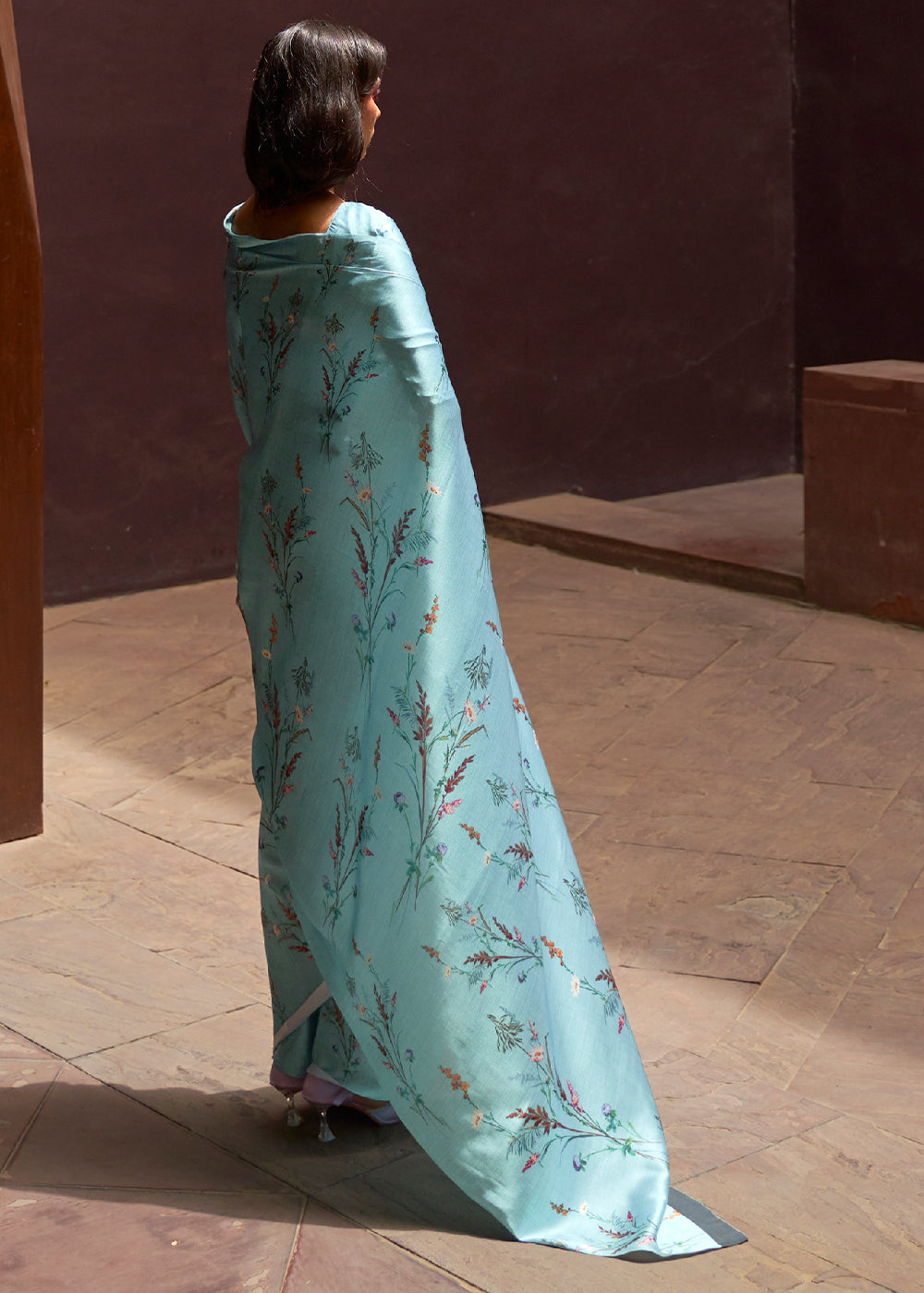 Frost Blue Floral Printed Satin Crepe Saree