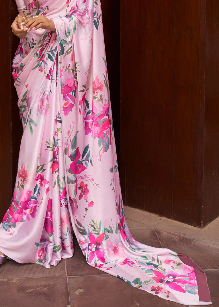 Blush Pink Floral Printed Satin Crepe Saree
