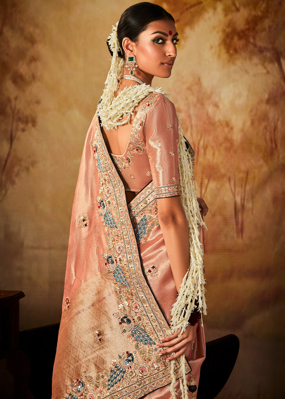 Light Peach Pink Woven Banarasi Silk Saree with Sequin,Stone,Zardosi,Khatli & Pearl work