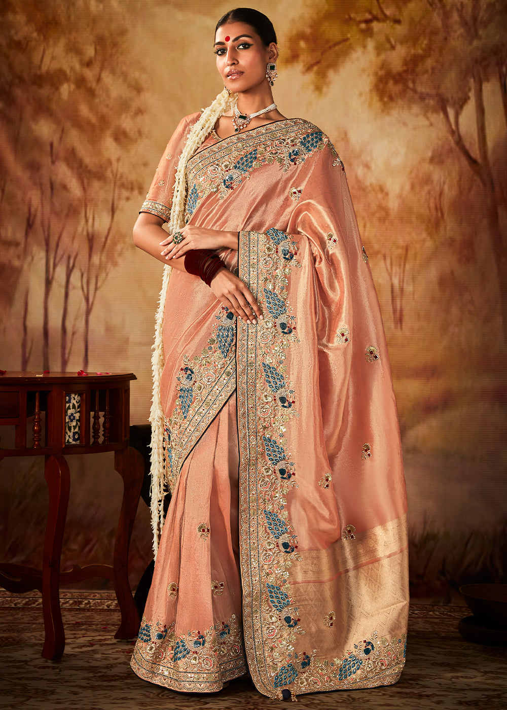 Light Peach Pink Woven Banarasi Silk Saree with Sequin,Stone,Zardosi,Khatli & Pearl work