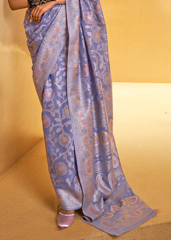 Crocus Purple Lucknowi Chikankari Weaving Silk Saree
