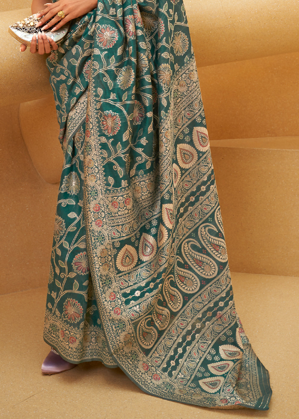 Pine Green Lucknowi Chikankari Weaving Silk Saree