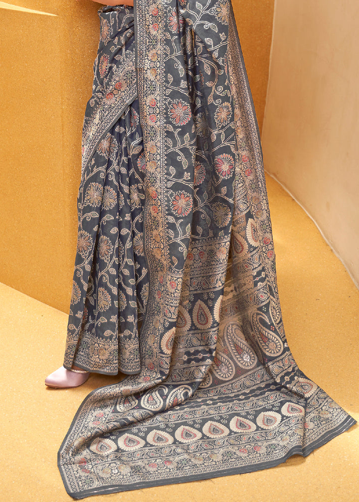 Iron Grey Lucknowi Chikankari Weaving Silk Saree