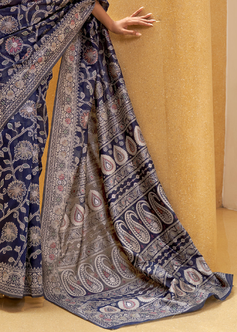 Berry Blue Lucknowi Chikankari Weaving Silk Saree