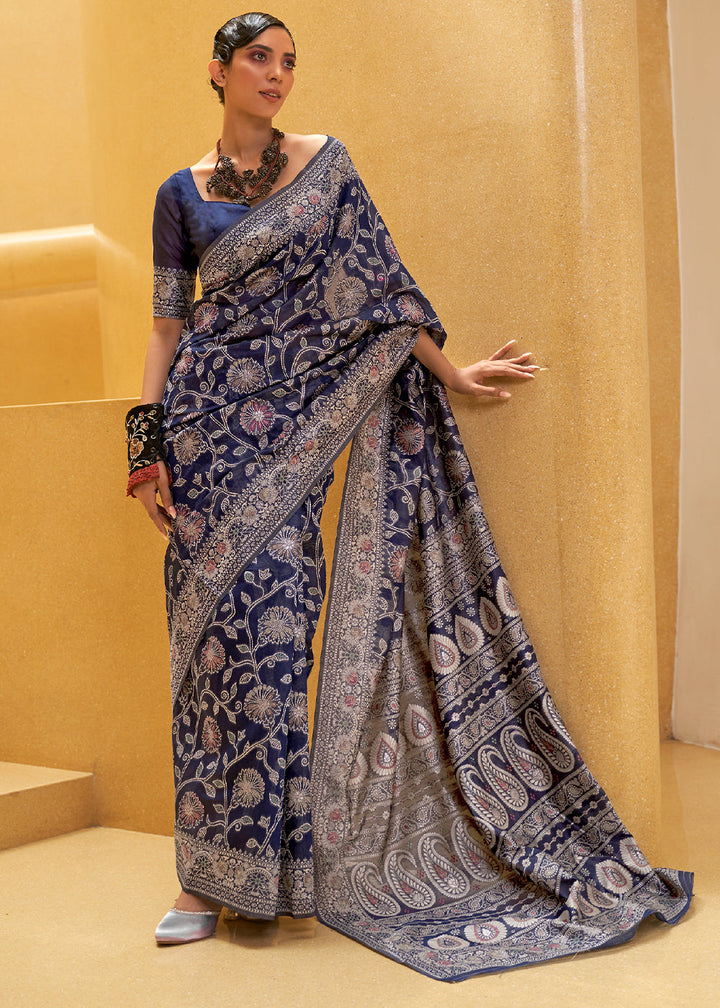 Berry Blue Lucknowi Chikankari Weaving Silk Saree