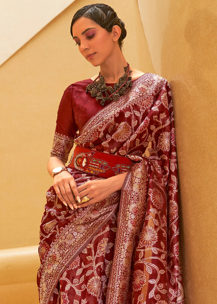 Crimson Red Lucknowi Chikankari Weaving Silk Saree